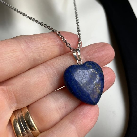 Genuine Lapis Lazuli Gemstone HEART Pendant 18 inch Stainless Steel Chain - Picture 8 of 16